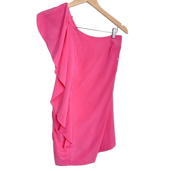 Madison Marcus One Shoulder Silk Pink Ruffle Mini Sequin Detailed Dress Size XS - Picture 1 of 9